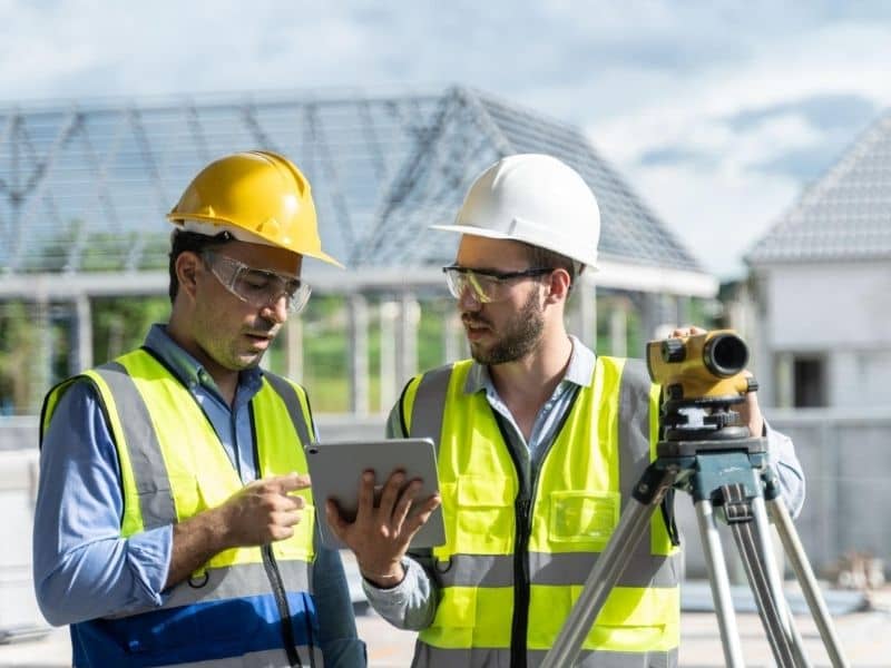 Survey team reviewing construction site records and measurements at a completed building project for an as-built survey