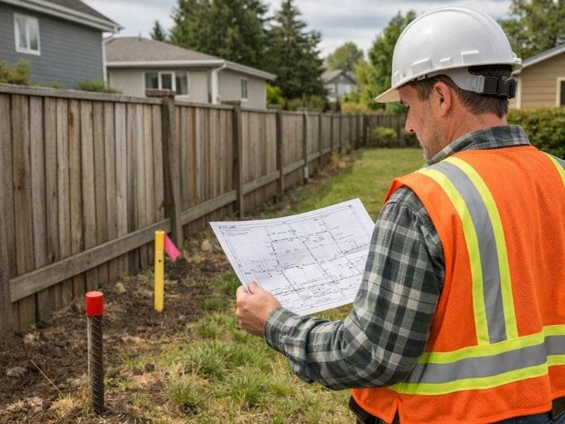 Land surveyor reviewing a property survey map beside boundary markers and a fence line in a residential neighborhood