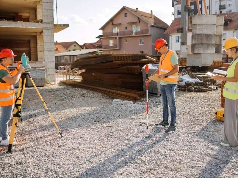 Construction survey team on active jobsite