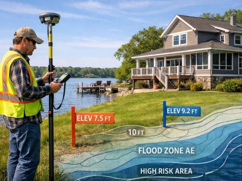 Land surveyor measuring elevation near a waterfront home for an elevation certificate and flood zone assessment