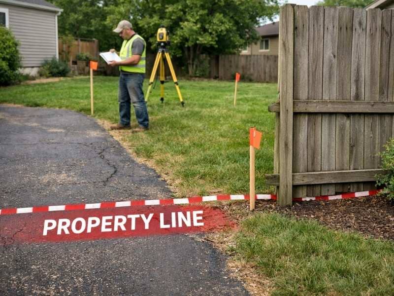 Land surveyor reviewing property boundaries near a fence and driveway during a residential property encroachment survey