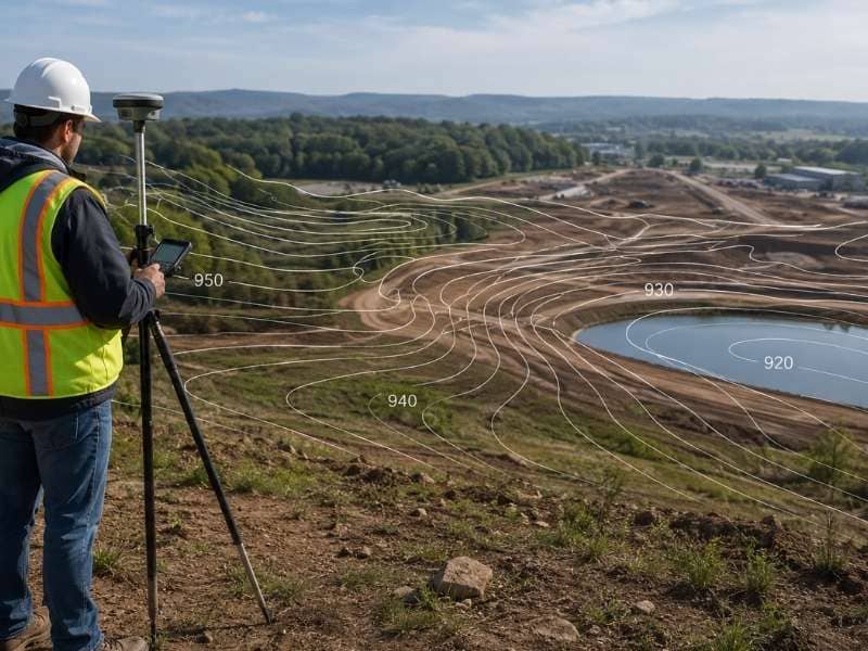 Surveyor using GPS equipment on a development site with elevation contour lines showing the shape and slope of the land